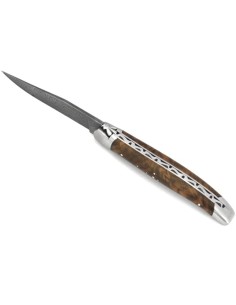 Laguiole 11cm, Damast Klinge, Heftbacken aus mattem Edelstahl,   Griff aus Walnuss Maser