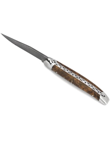 Laguiole pliant, 11 cm, acier Damas, abeille forgée, mitres inox mat, manche en loupe de noyer