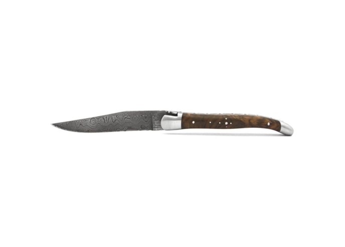 Laguiole pliant, 11 cm, acier Damas, abeille forgée, mitres inox mat, manche en loupe de noyer