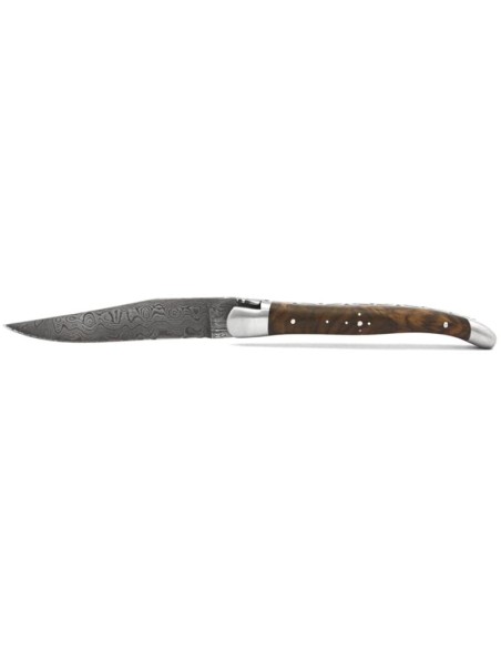 Laguiole pliant, 11 cm, acier Damas, abeille forgée, mitres inox mat, manche en loupe de noyer