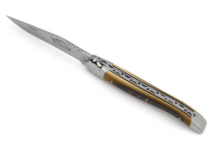 Laguiole pliant, 12 cm, abeille forgée, lame seule, 2 mitres inox, manche en ivoire de mammouth