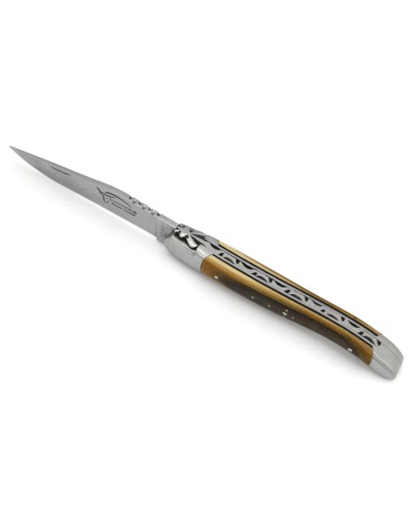 Laguiole pliant, 12 cm, abeille forgée, lame seule, 2 mitres inox, manche en ivoire de mammouth
