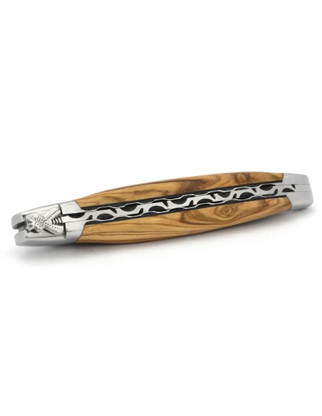Laguiole pliant, 12 cm, abeille forgée, lame damas, ciselé dessus dessous, mitres inox brillant, manche en olivier