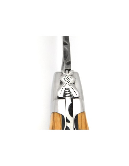 Laguiole pocket knife, 12 cm, top and bottom chiseling, Damascus steel blade, olive wood handle with shiny bolsters