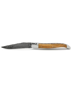 Laguiole pliant, 12 cm, abeille forgée, lame damas, ciselé dessus dessous, mitres inox brillant, manche en olivier 2