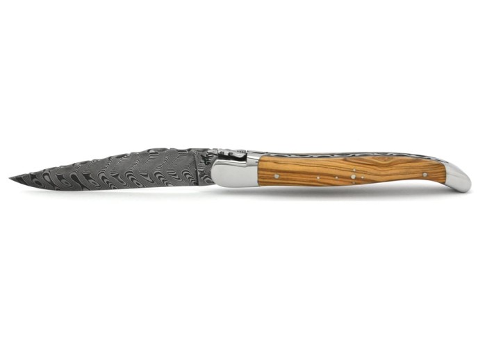 Laguiole 12cm, oben und unten am Schleifstein ziseliert , Damast Klinge, Heftbacken aus glänzendem Edelstahl, Olivenholz