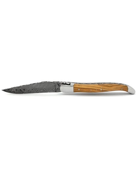 Laguiole pocket knife, 12 cm, top and bottom chiseling, Damascus steel blade, olive wood handle with shiny bolsters