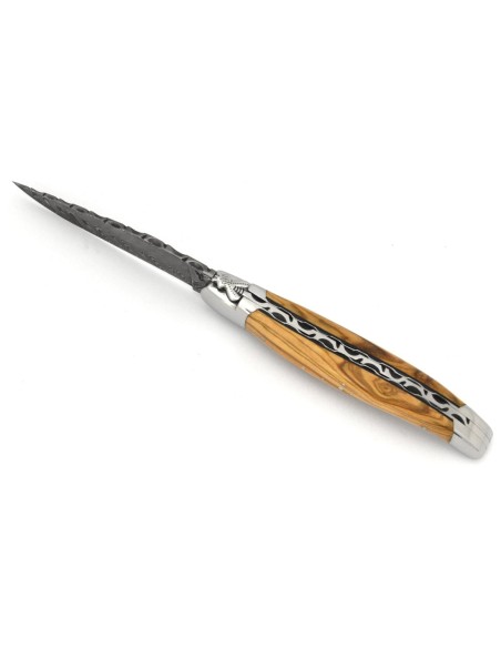 Laguiole 12cm, oben und unten am Schleifstein ziseliert , Damast Klinge, Heftbacken aus glänzendem Edelstahl, Olivenholz