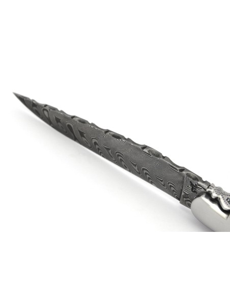 Laguiole pliant, 12 cm, abeille forgée, lame damas, ciselé dessus dessous, mitres inox brillant, manche en olivier