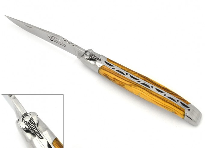 Laguiole pocket knife, 12 cm, elephant's head motif, olive wood handle with shiny bolsters
