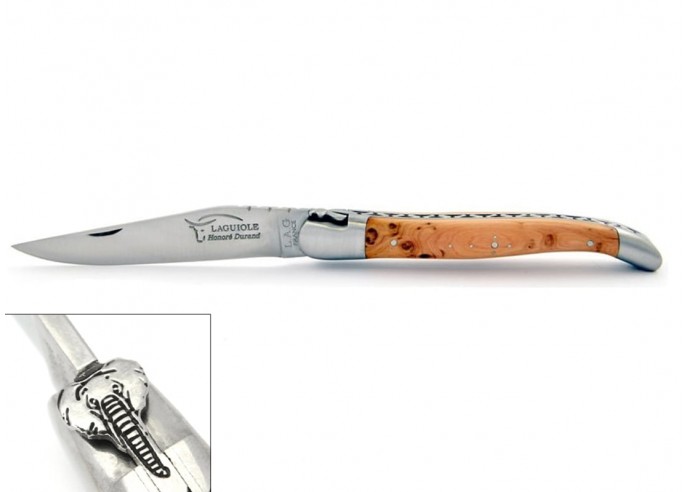 Laguiole pocket knife, 12 cm, elephant's head motif, juniper wood handle with shiny bolsters