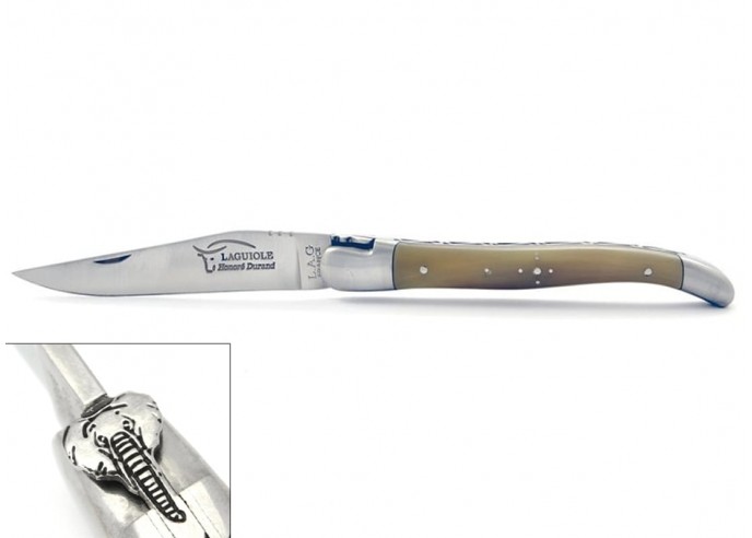 Laguiole pocket knife, 12 cm, elephant's head motif, horn tip handle with shiny bolsters