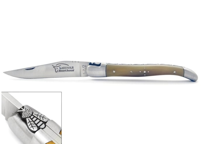 Laguiole 12 cm, abeille fraisée n°1, manche pointe de corne claire
