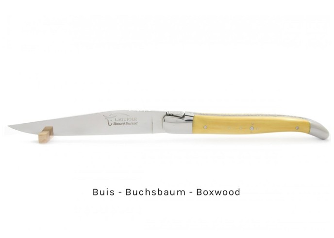 Laguiole steak knives with shiny stainless steel bolsters. Wide various wood handles
