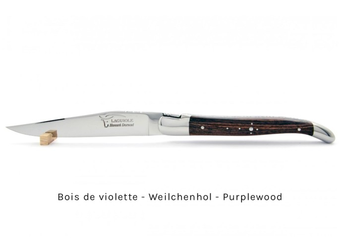 Laguiole steak knives with shiny stainless steel bolsters. Wide various wood handles