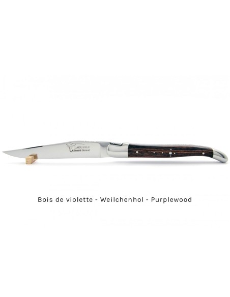 Laguiole steak knives with shiny stainless steel bolsters. Wide various wood handles