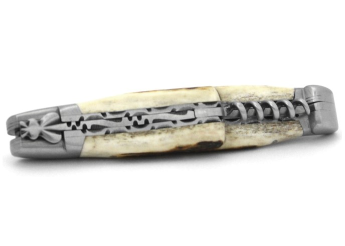 Laguiole pocket knife, 12 cm, blade and corkscrew, chiseled double plates, deer antler handle with matt bolsters