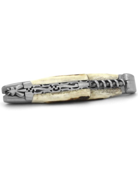 Laguiole pocket knife, 12 cm, blade and corkscrew, chiseled double plates, deer antler handle with matt bolsters