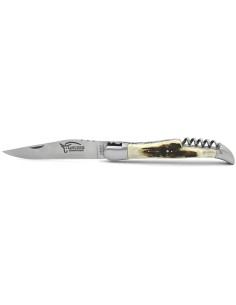 Laguiole pliant 12 cm,  lame & tire-bouchon, doubles platines ciselées, manche bois de cerf en inox mat 2