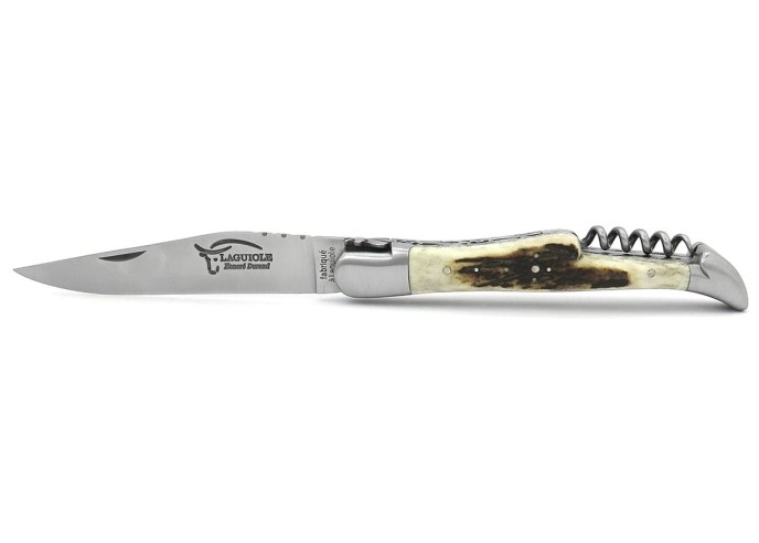 Laguiole pocket knife, 12 cm, blade and corkscrew, chiseled double plates, deer antler handle with matt bolsters