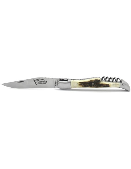 Laguiole pocket knife, 12 cm, blade and corkscrew, chiseled double plates, deer antler handle with matt bolsters