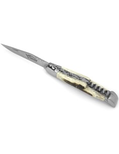 Laguiole pliant 12 cm,  lame & tire-bouchon, doubles platines ciselées, manche bois de cerf en inox mat