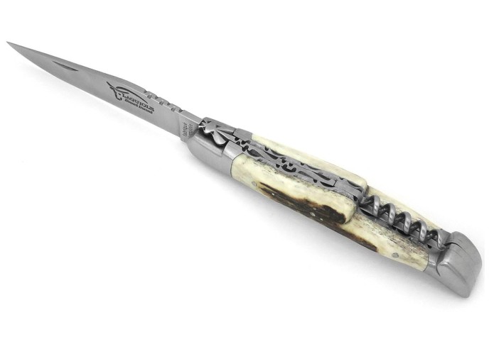 Laguiole pocket knife, 12 cm, blade and corkscrew, chiseled double plates, deer antler handle with matt bolsters