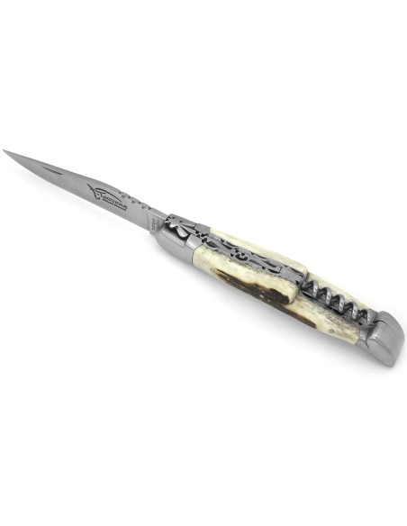Laguiole pocket knife, 12 cm, blade and corkscrew, chiseled double plates, deer antler handle with matt bolsters