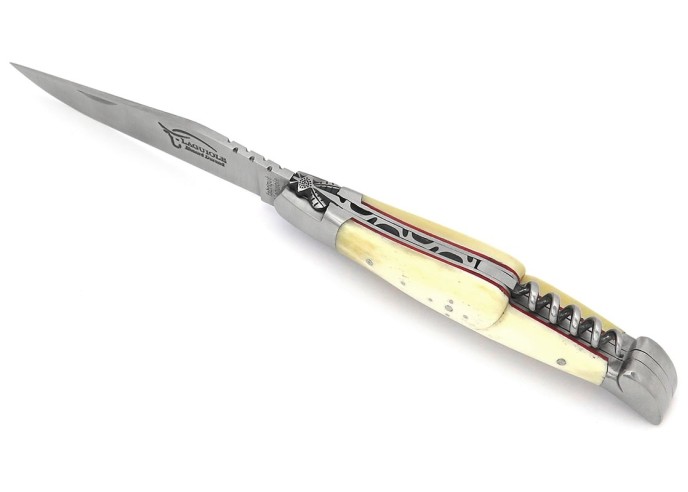 Laguiole pocket knife, 12 cm, blade and corkscrew, bone handle with matt stainless steel bolsters and red vulcanized fiber