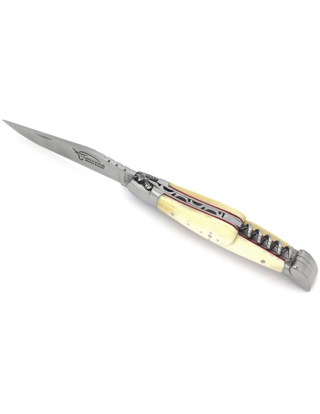 Laguiole Klappmesser, 12 cm, Klinge und Korkenzieher, Heftbacken aus mattem Edelstahl, Griff aus Knochen mit rot Vulkanfiber