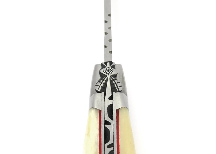 Laguiole Klappmesser, 12 cm, Klinge und Korkenzieher, Heftbacken aus mattem Edelstahl, Griff aus Knochen mit rot Vulkanfiber