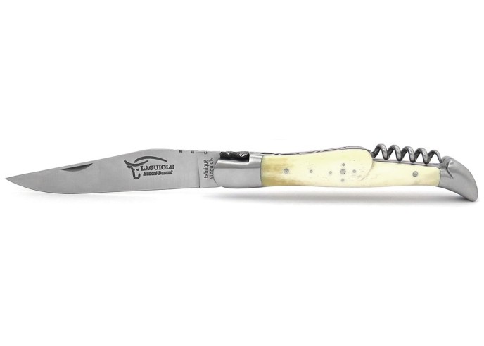 Laguiole pocket knife, 12 cm, blade and corkscrew, bone handle with matt stainless steel bolsters and red vulcanized fiber