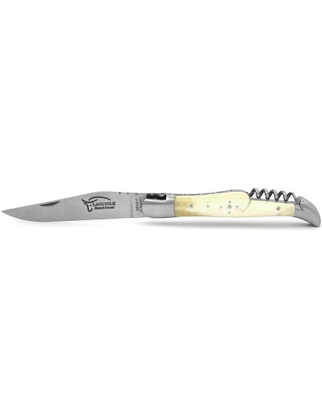 Laguiole Klappmesser, 12 cm, Klinge und Korkenzieher, Heftbacken aus mattem Edelstahl, Griff aus Knochen mit rot Vulkanfiber