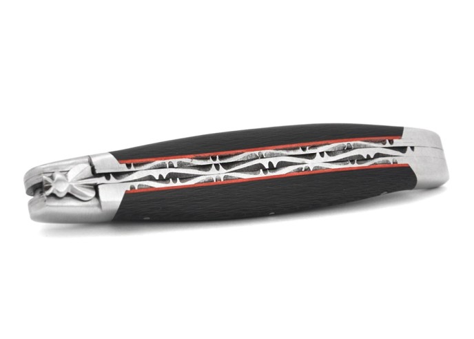Laguiole knife, 12 cm, double plates and top of the blade, matt stainless steel bolsters, carbon fiber with red vulcanized fiber