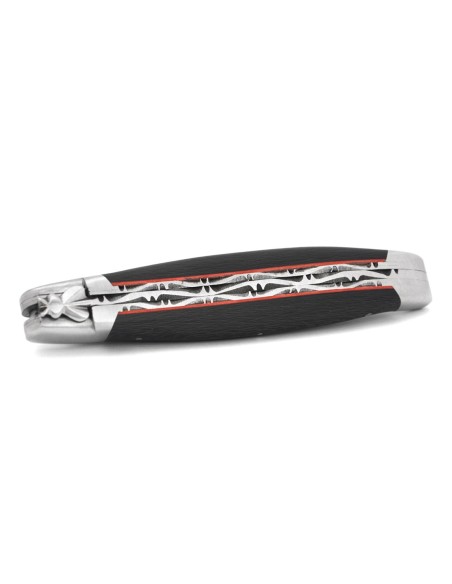 Laguiole knife, 12 cm, double plates and top of the blade, matt stainless steel bolsters, carbon fiber with red vulcanized fiber