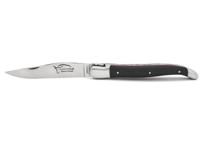 Laguiole knife, 12 cm, double plates and top of the blade, matt stainless steel bolsters, carbon fiber with red vulcanized fiber