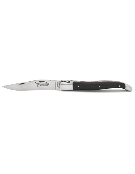 Laguiole pliant 12 cm, doubles platines avec dos de lame entier ciselé,manche fibre de carbone et intercalaire rouge