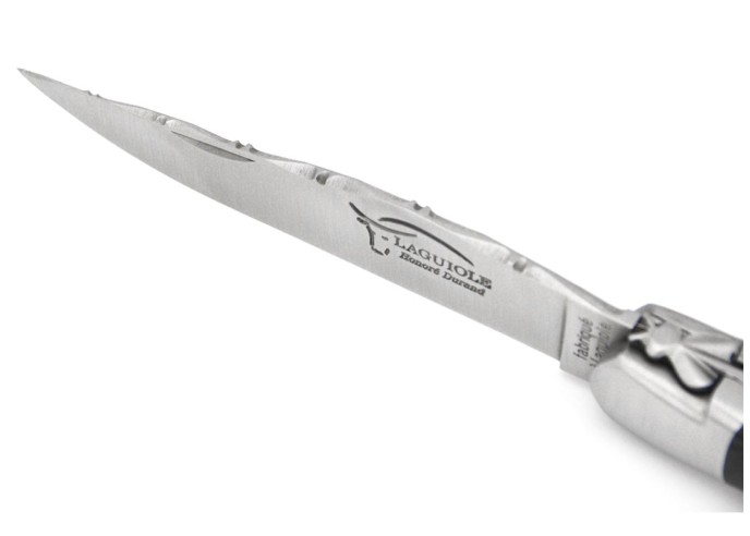 Laguiole knife, 12 cm, double plates and top of the blade, matt stainless steel bolsters, carbon fiber with red vulcanized fiber