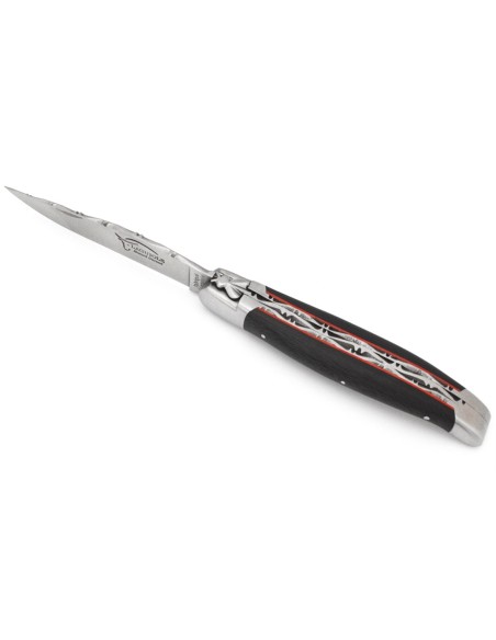 Laguiole knife, 12 cm, double plates and top of the blade, matt stainless steel bolsters, carbon fiber with red vulcanized fiber