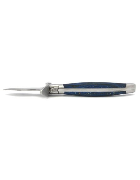 Laguiole Austernmesser, Heftbacken aus mattem Edelstahl, Griff aus Buche blau