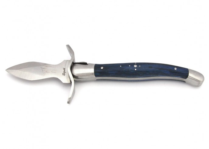 Couteau à huîtres de Laguiole avec garde, manche en hêtre teinté bleu avec finition inox mat