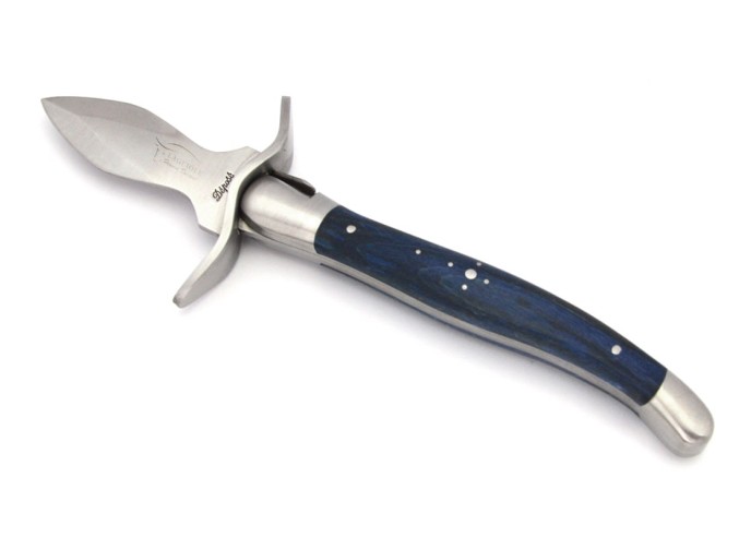 Laguiole Austernmesser, Heftbacken aus mattem Edelstahl, Griff aus Buche blau