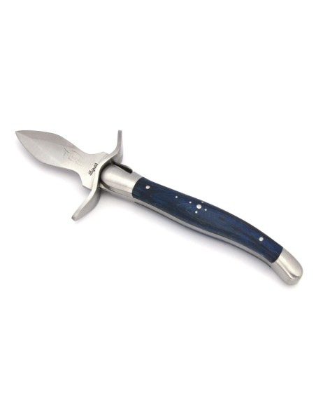 Laguiole oyster knife with matt stainless steel bolsters. Blue-stained beech handle.