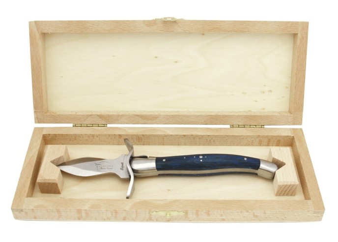 Couteaux à huîtres Laguiole, mitres inox mat, manche en hêtre teinté bleu