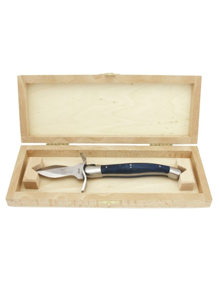 Couteaux à huîtres Laguiole, mitres inox mat, manche en hêtre teinté bleu
