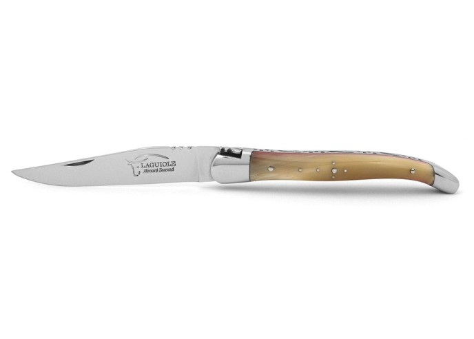 Laguiole Klappmesser, 11 cm, Geschmiedete Biene, Heftbacken aus glanzendem Edelstahl, Griff aus Hornspitze mit rot Vulkanfiber