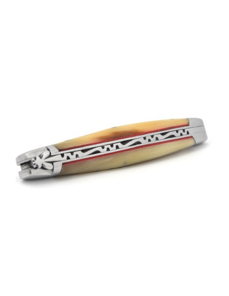 Laguiole Klappmesser, 11 cm, Geschmiedete Biene, Heftbacken aus glanzendem Edelstahl, Griff aus Hornspitze mit rot Vulkanfiber