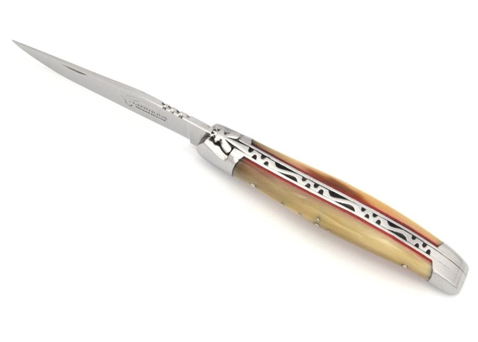 Laguiole Klappmesser, 11 cm, Geschmiedete Biene, Heftbacken aus glanzendem Edelstahl, Griff aus Hornspitze mit rot Vulkanfiber