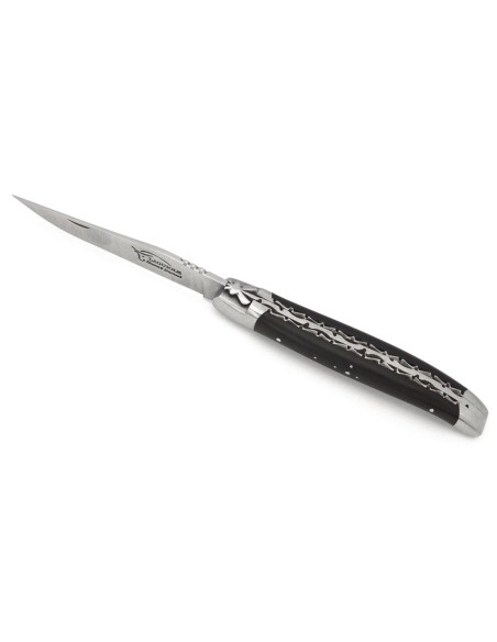 Laguiole 13 cm, Doppelplatinen ziseliert, Heftbacken aus mattem Edelstahl, Ebenholz
