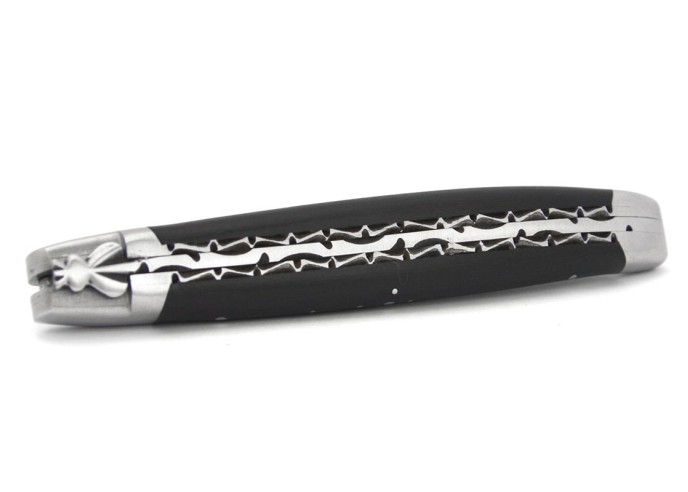Laguiole 13 cm, Doppelplatinen ziseliert, Heftbacken aus mattem Edelstahl, Ebenholz